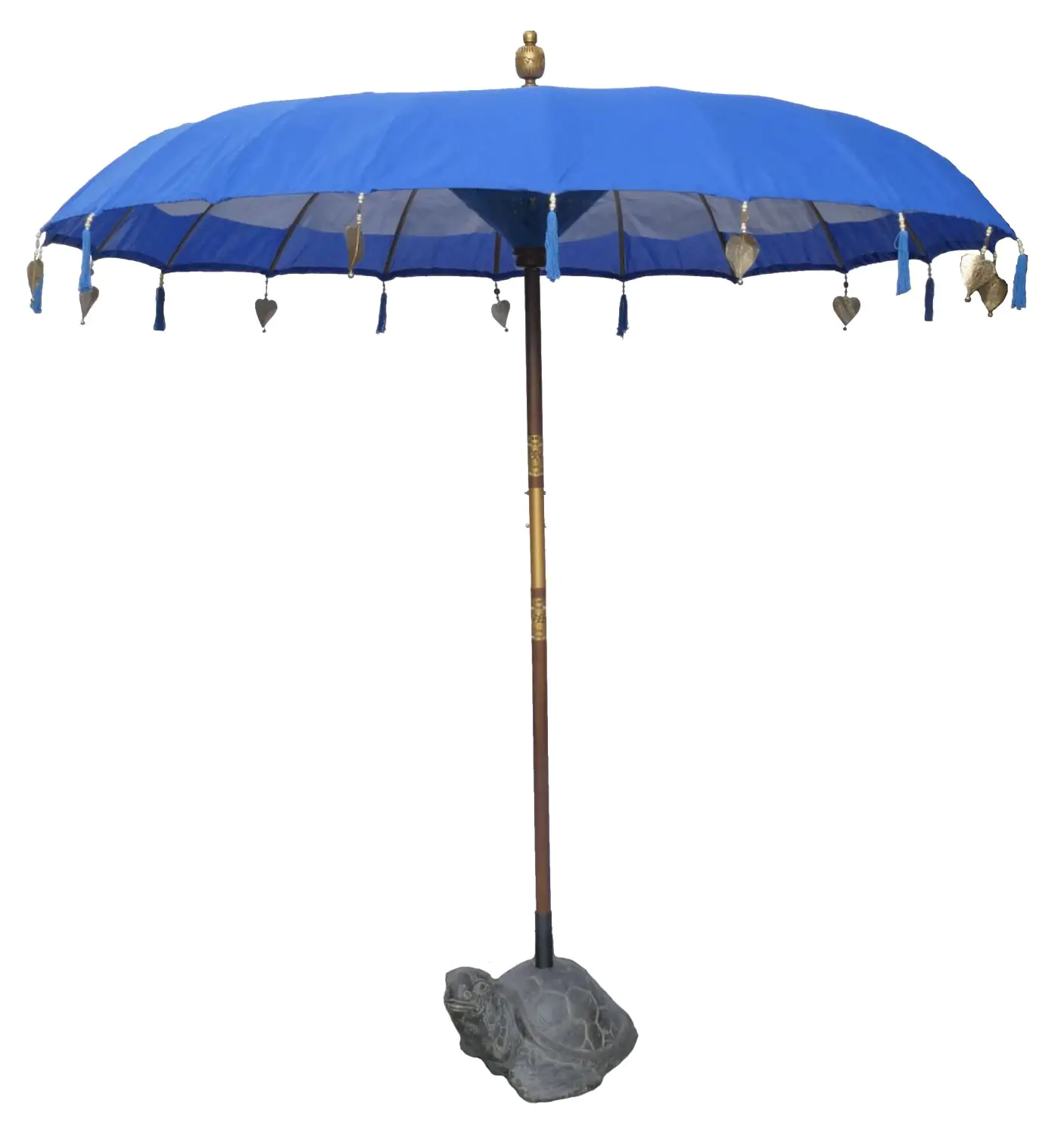  Product image 1 of the product “Bali umbrella , turquoise with wooden coins and gold leaves hanging around the edge. Approx. 230cm dia. and 250cm height ”
